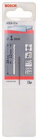 Průměr (D) 1 mm, Pracovní délka (L1) 12 mm, Celková délka (L2) 34 mm
