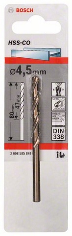 Průměr (D) 4,5 mm, Pracovní délka (L1) 47 mm, Celková délka (L2) 80 mm 