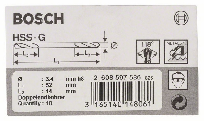 průměr (D) 3,4 mm, pracovní délka (L1) 14 mm, celková délka (L2) 52 mm