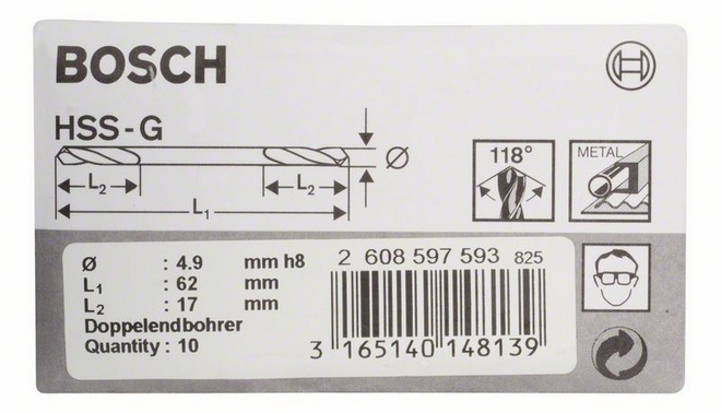 průměr (D) 4,9 mm, pracovní délka (L1) 17 mm, celková délka (L2) 62 mm