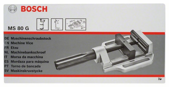 rozteč podélných otvorů 100 mm, upínací šířka 80 mm, šířka čelistí 80 mm, hmotnost 1,9 kg