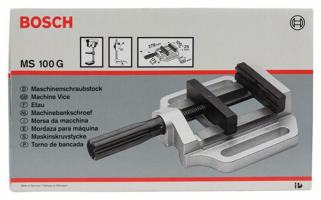 rozteč podélných otvorů 135 mm, upínací šířka 100 mm, šířka čelistí 100 mm, hmotnost 3,5 kg